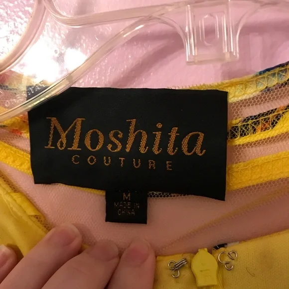 Moshita Couture yellow bird printed Dress with matching jacket size medium - Picture 2 of 10